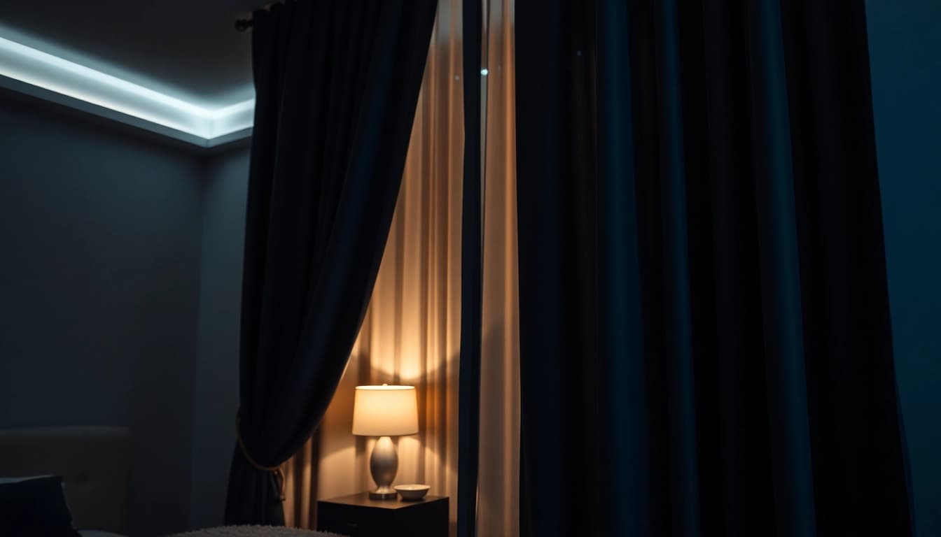 Verduisterende gordijnen sieren een serene slaapkamer met een warme, uitnodigende uitstraling.