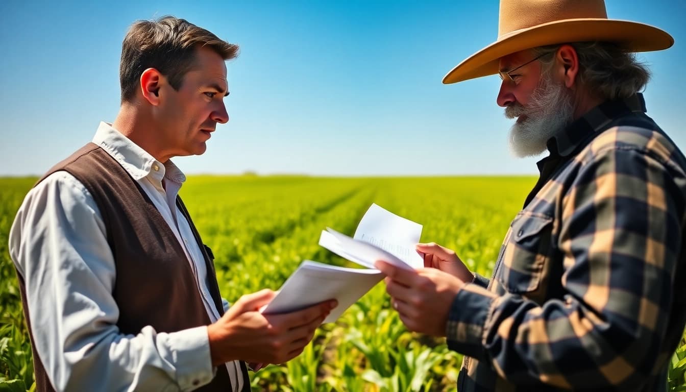 Expert agriculture lawyer consulting with a farmer among fields, highlighting legal support in farming.