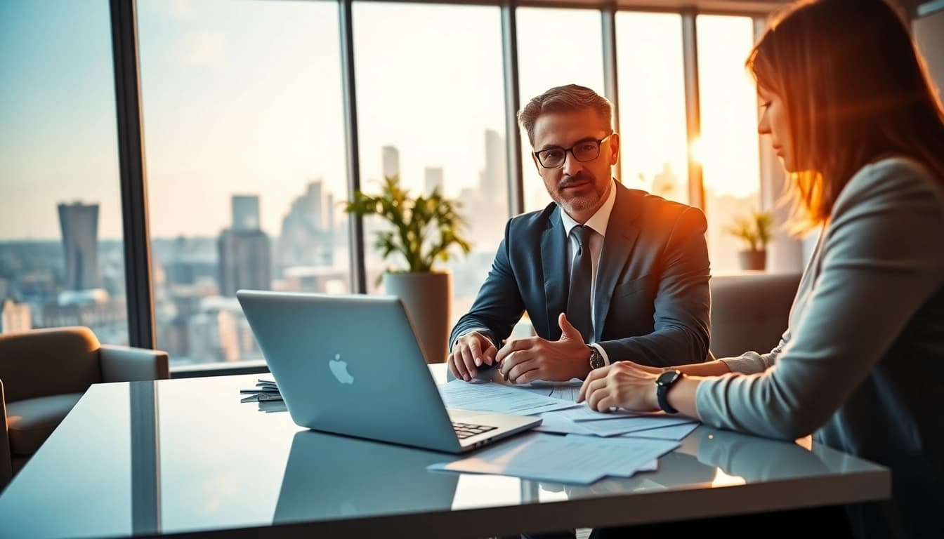 Tax consultant collaborates with a client in a modern office setting.