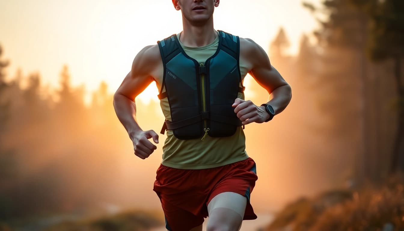 Runner demonstrating the benefits of a hydration vest in a sunrise setting with nature.