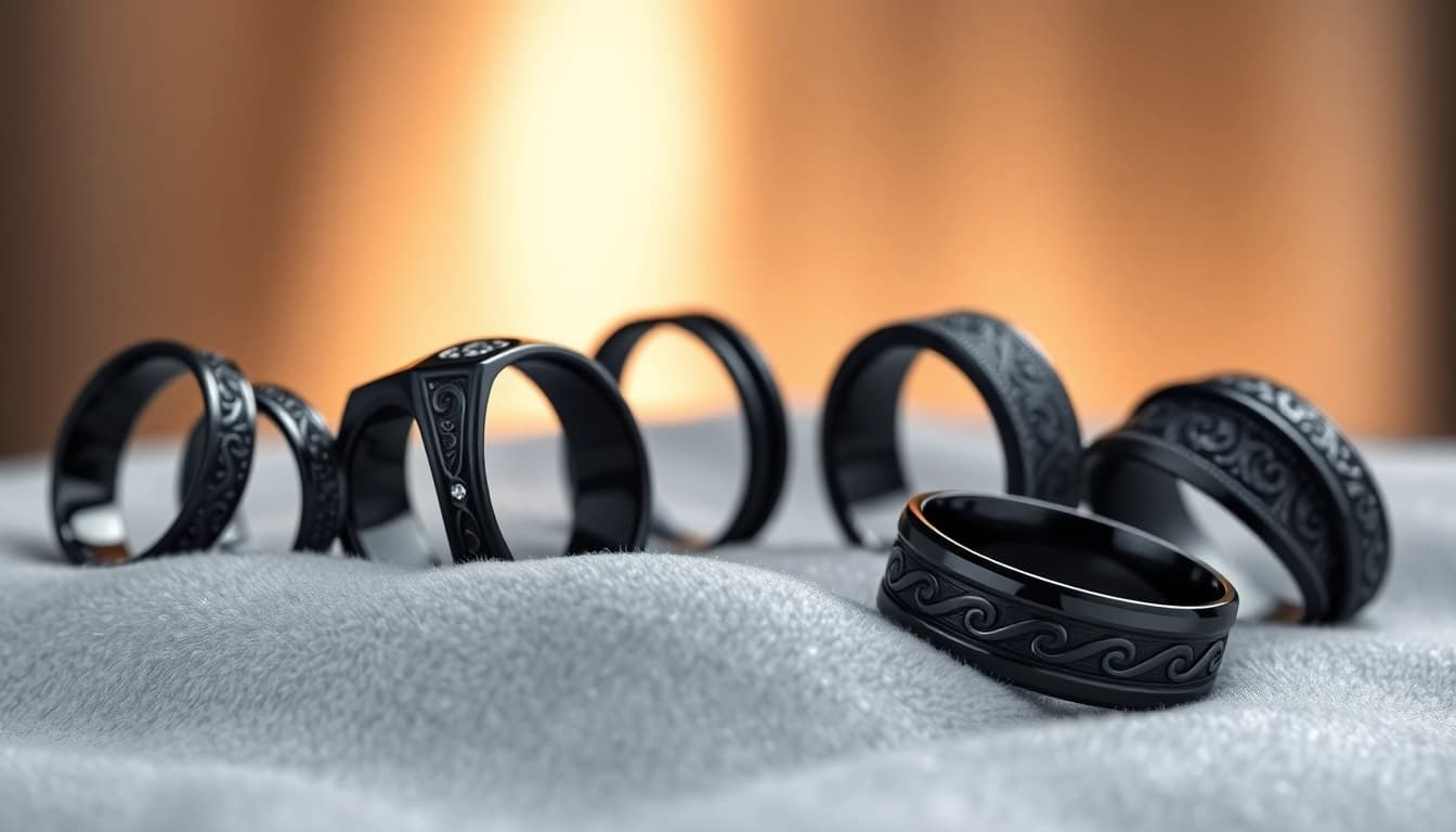 Showcase of Black Zirconium Rings highlighting unique designs and glossy finishes on velvet.