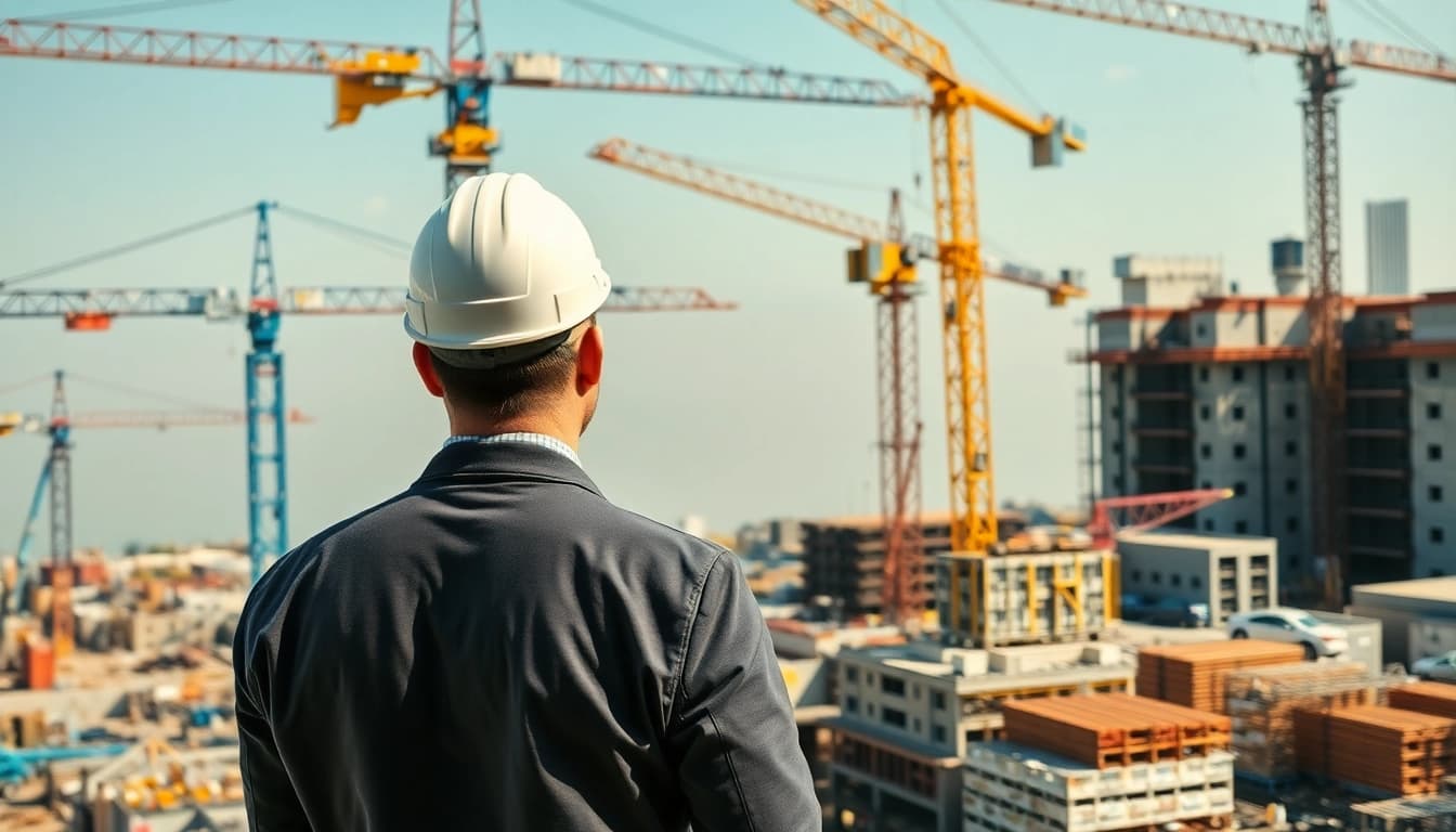 New Jersey Construction Manager overseeing a busy construction site with cranes and workers.