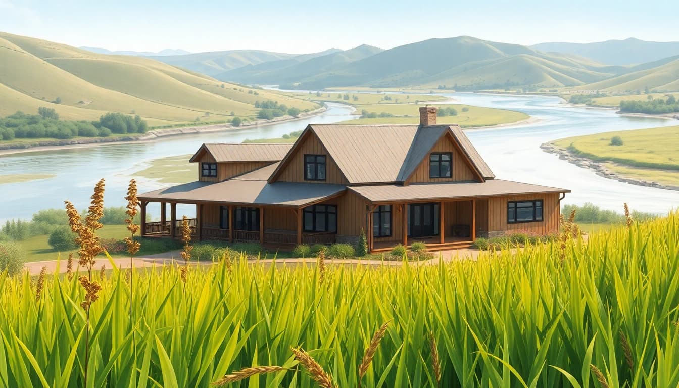 Winding River Farmhouse New Build beautifully set by a tranquil river, showcasing modern architecture.