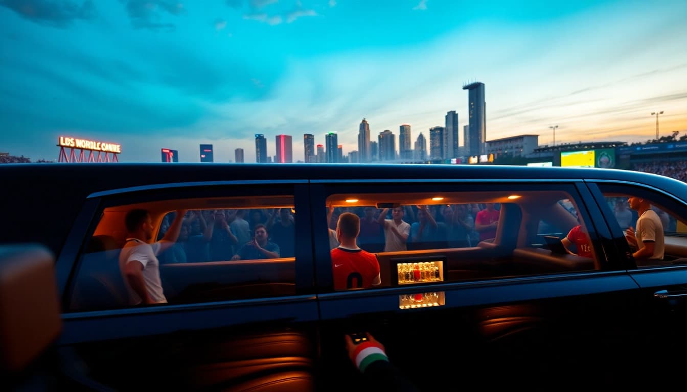 World Cup Group Transportation featuring a luxury limousine outside a stadium in Los Angeles, capturing the vibrant atmosphere of fans.