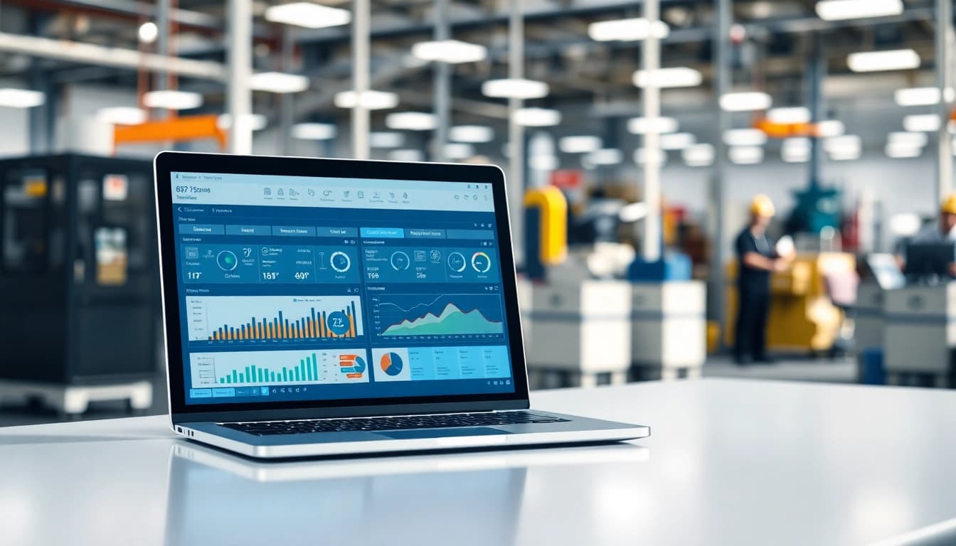 Visual representation of production planning software for manufacturing showing analytics dashboard.
