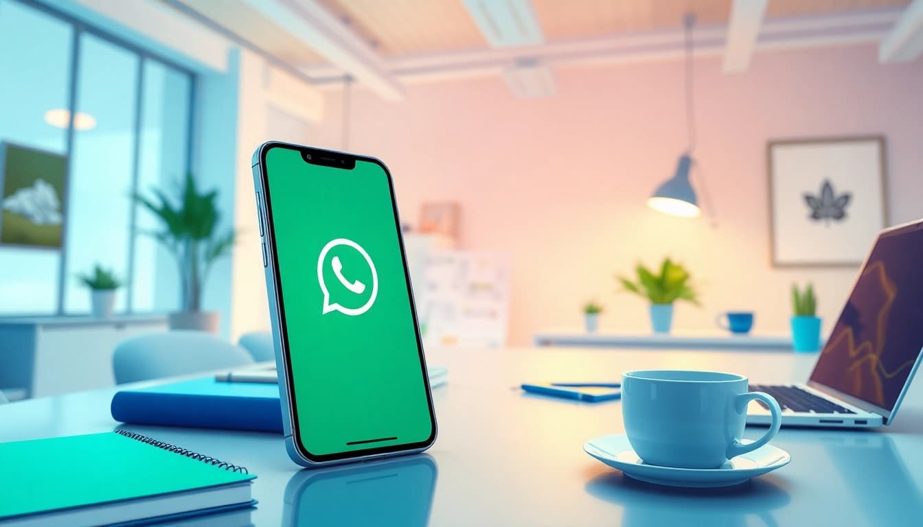 GB WhatsApp app showcased on a smartphone in a modern workspace, illustrating advanced features and customization.