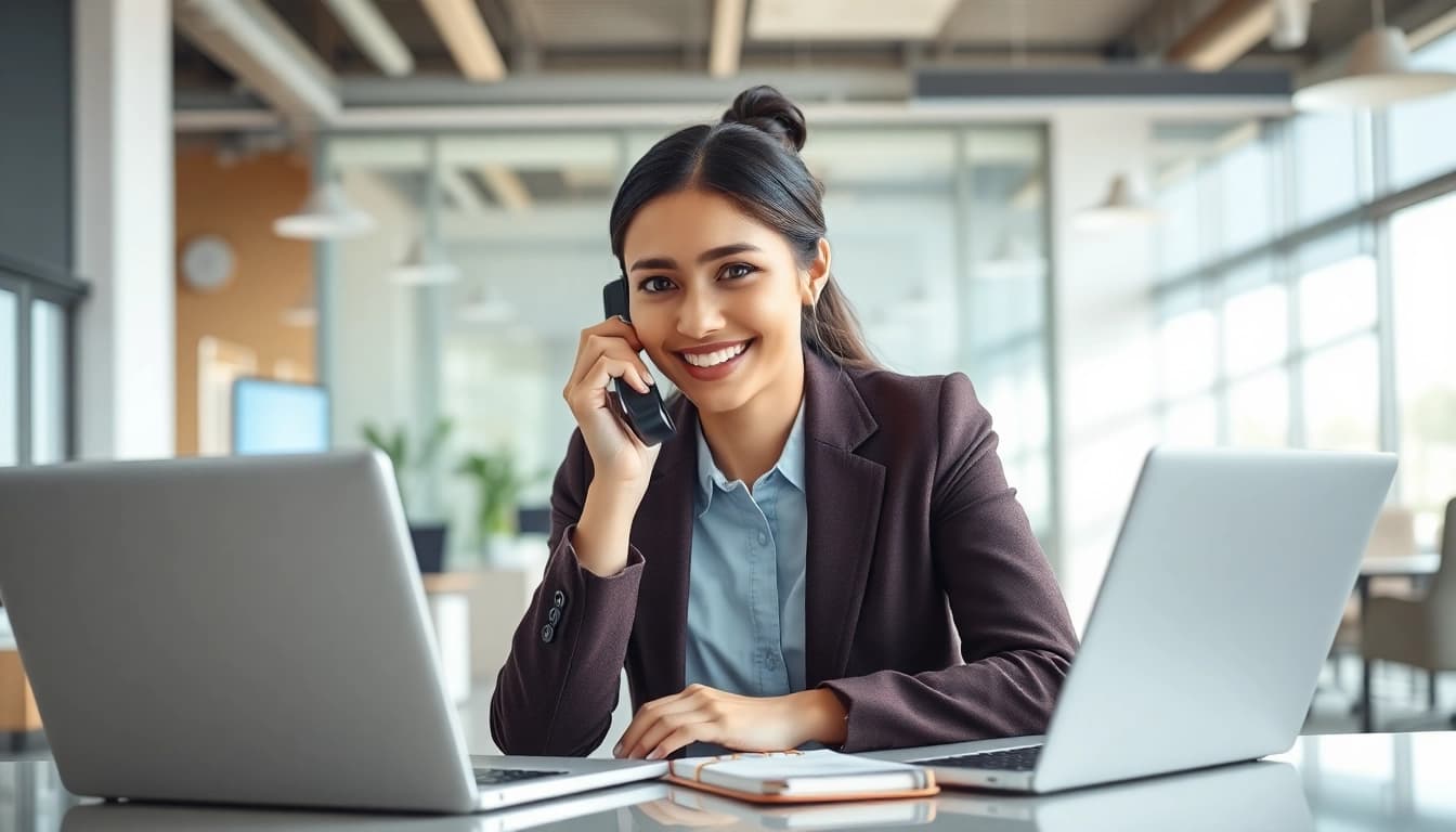 AI Receptionist assisting with a call in a modern office environment.
