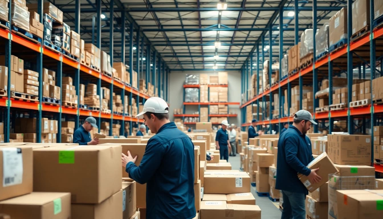 Showcasing a busy 3PL logistics operation with efficient inventory management and shipping activities.