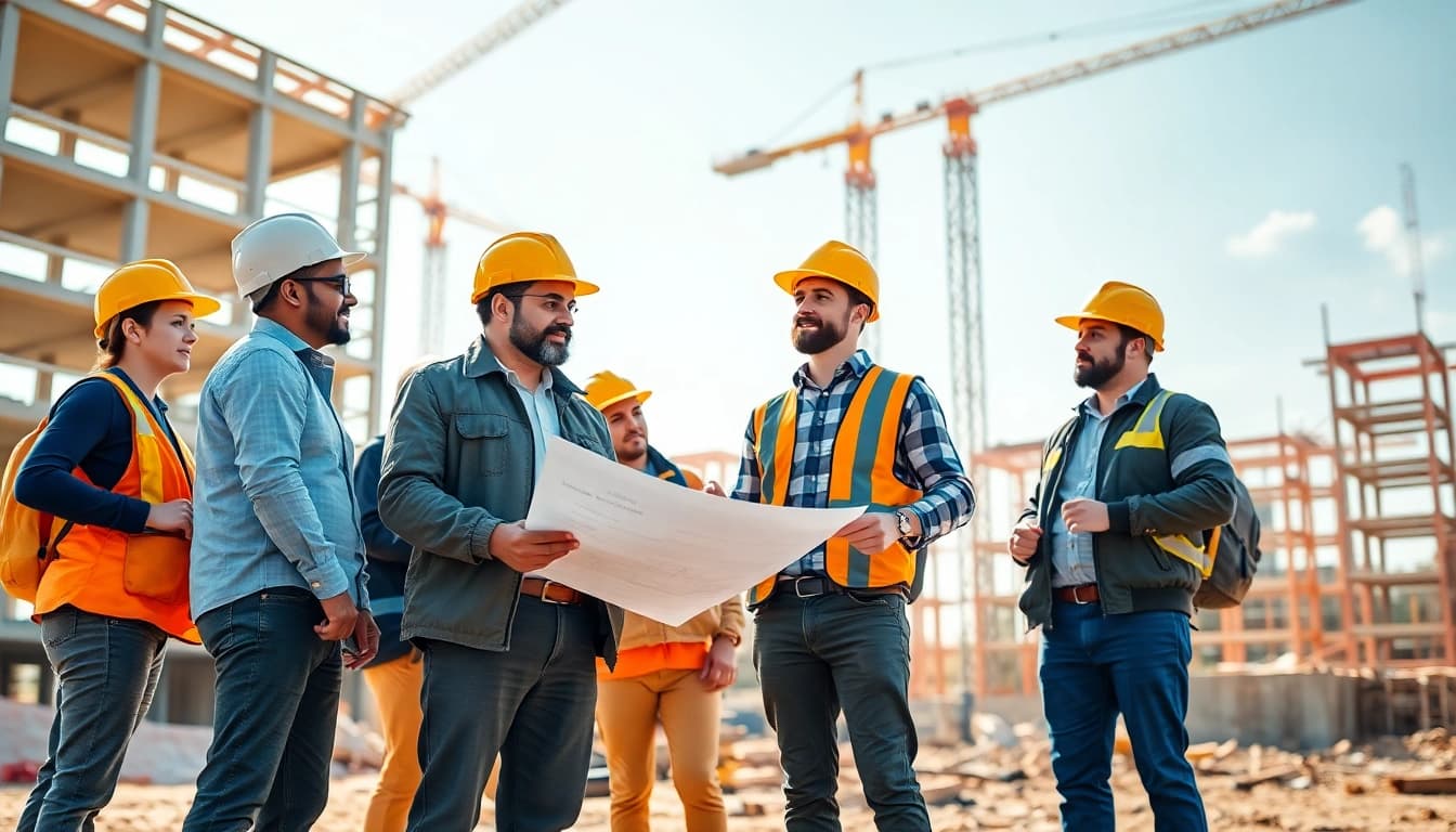 Highlighting construction workforce development, skilled workers collaborate on-site with blueprints.