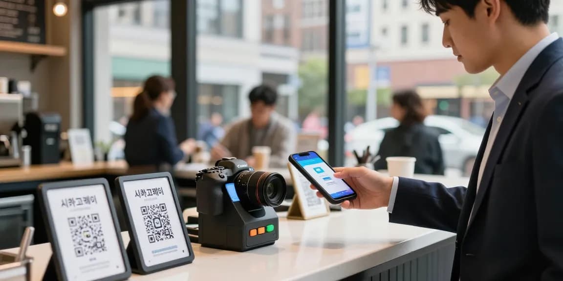 Engaging street scene in Chicago where a young professional uses 시카고페이 for seamless mobile payment at a café.