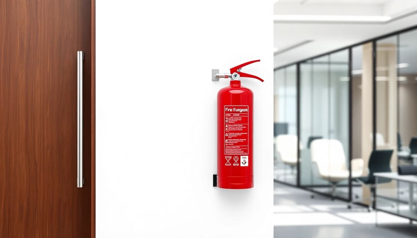 Ensure safety with a prominently displayed pass fire extinguisher in a professional office setting.