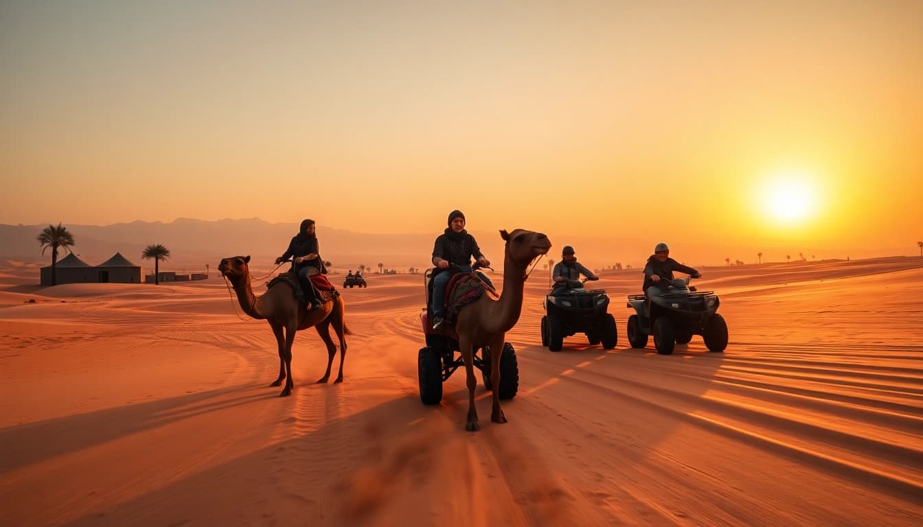 Experience a Marrakech camel ride and quad biking adventure against the stunning Agafay Desert sunset.