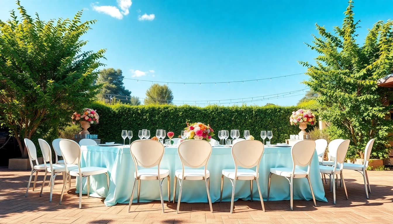 Elegant table & chair rentals for an outdoor event with floral decorations.