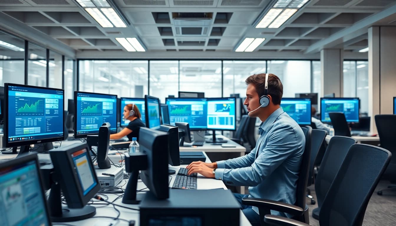 Utilize an auto dialer system in an efficient office environment with agents actively engaged.