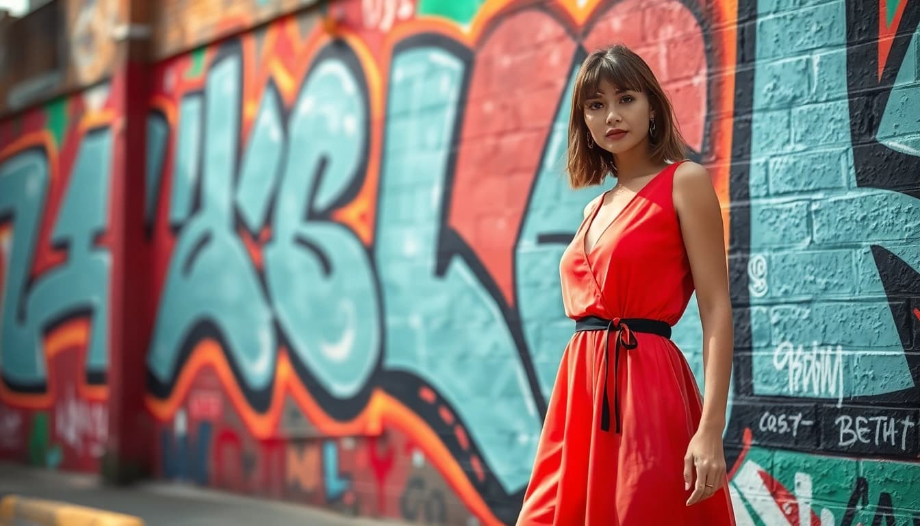 Fashion model in stylish dress poses against vibrant urban backdrop, showcasing current trends.