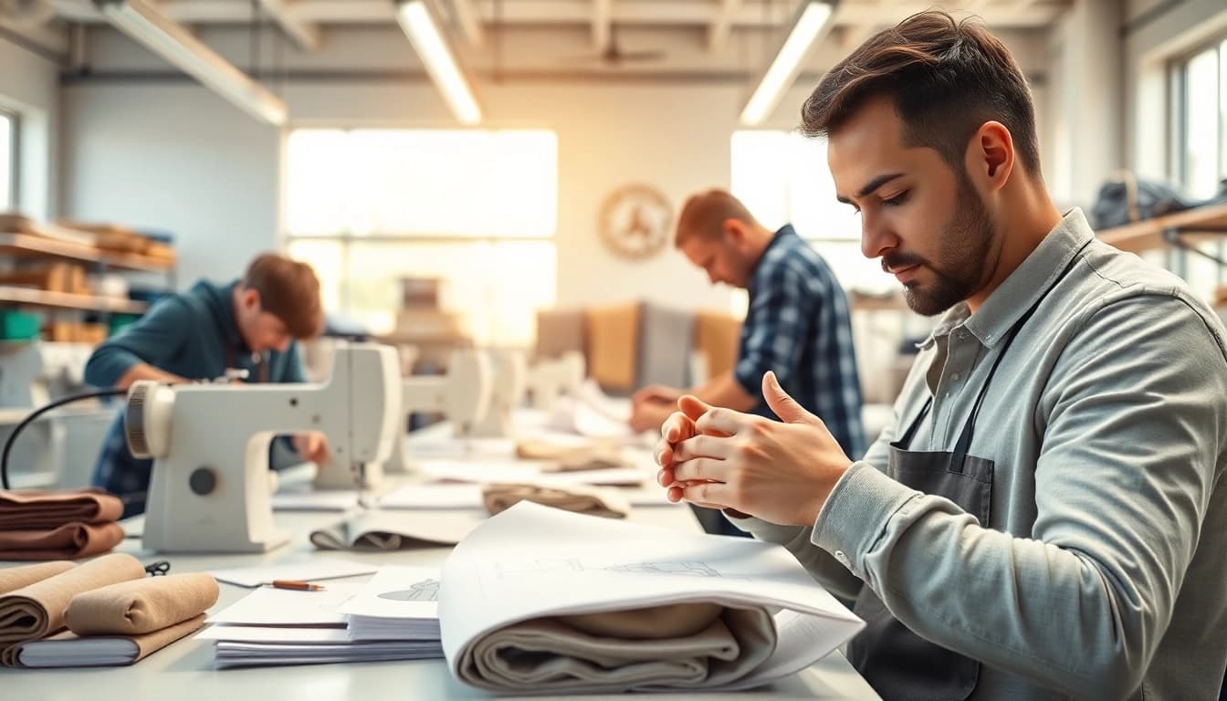 Custom Apparel Manufacturer crafting high-quality garments in a vibrant workshop.