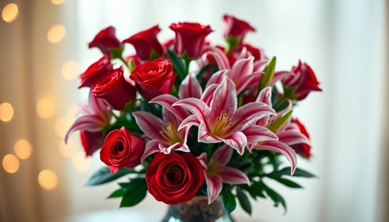 Arrange stunning valentines flowers, featuring red roses and pink lilies, in a decorative vase.