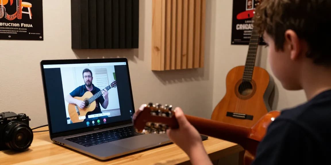 Engaged student participating in Zoom guitar lessons with classical music notes.
