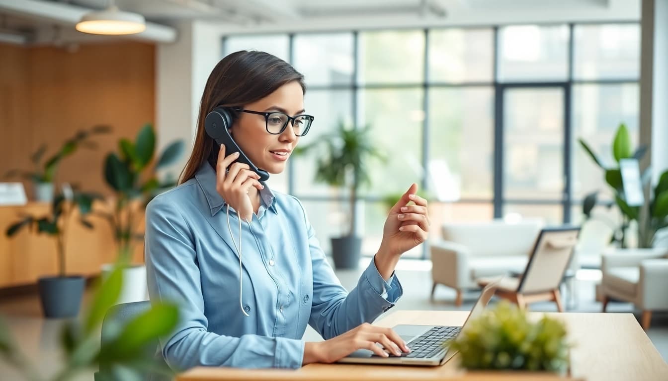 AI Receptionist effectively managing calls in a modern workspace with a professional demeanor.