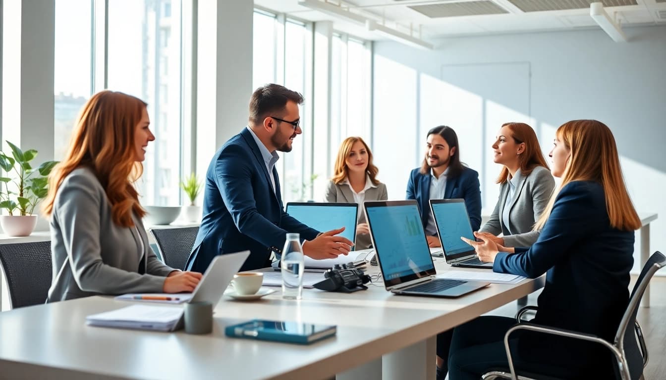 Quickplus Business Consultants engaging in a strategic meeting in a modern office.