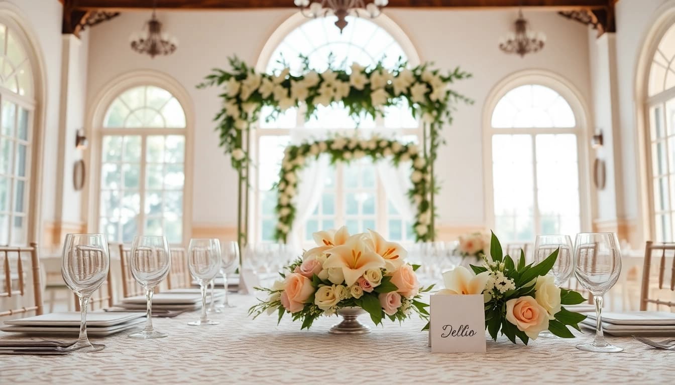 Stunning setup at a Jacksonville Wedding Venue featuring elegant decor, lush florals, and natural light.