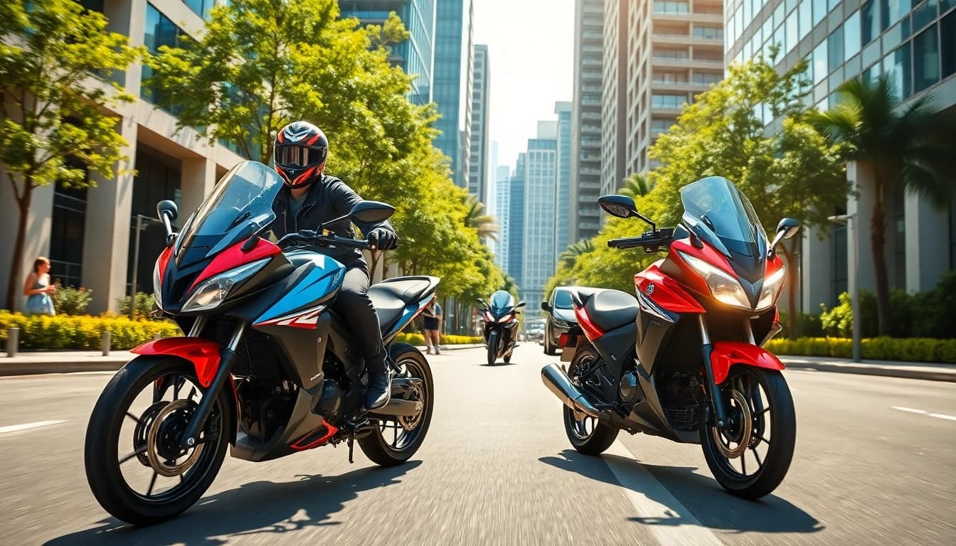 Rider navigating city streets on 125cc and 250cc beginner motorcycles, showcasing confidence and style.