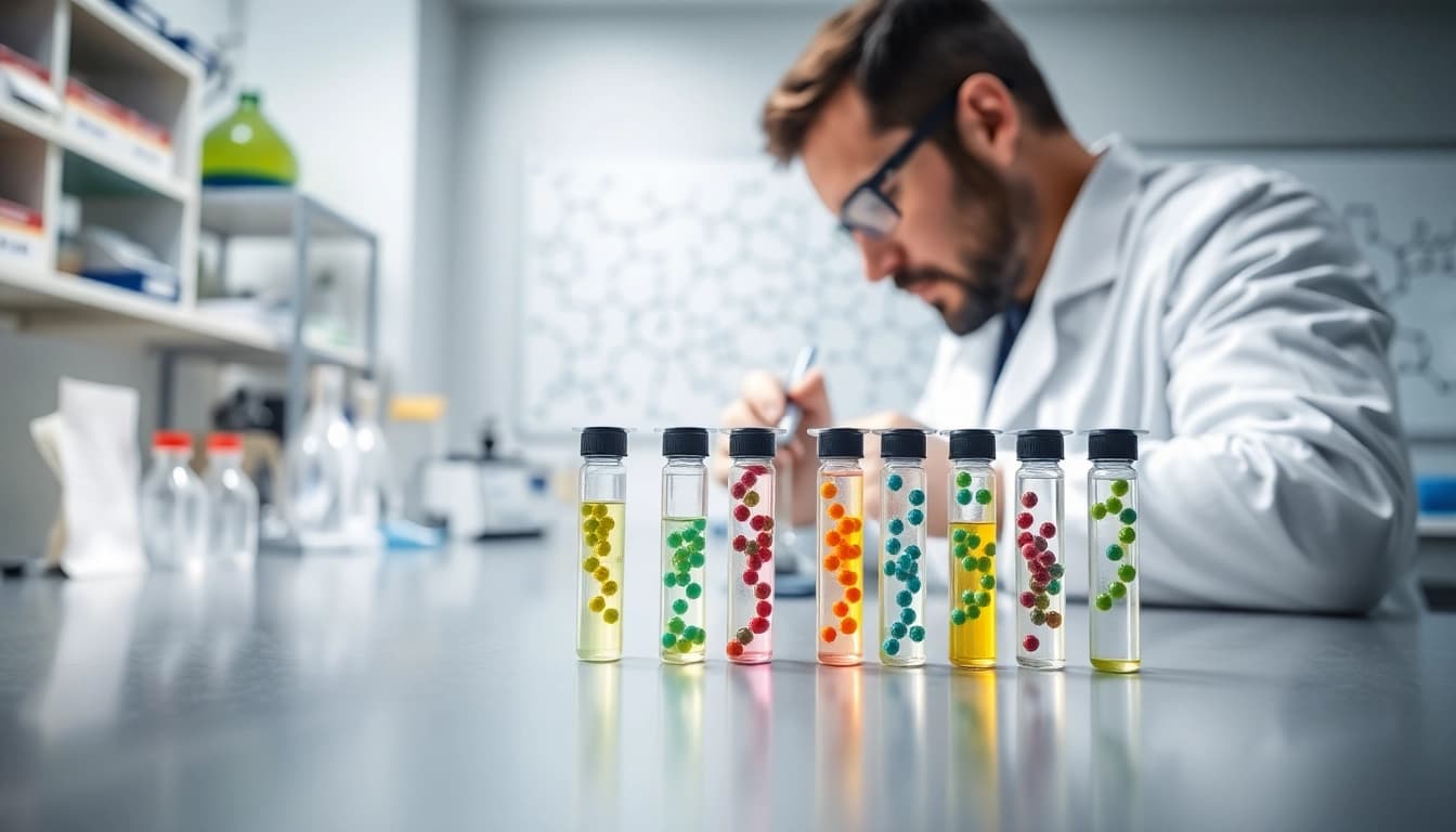 Analyzing peptides in a professional laboratory setting with colorful samples.