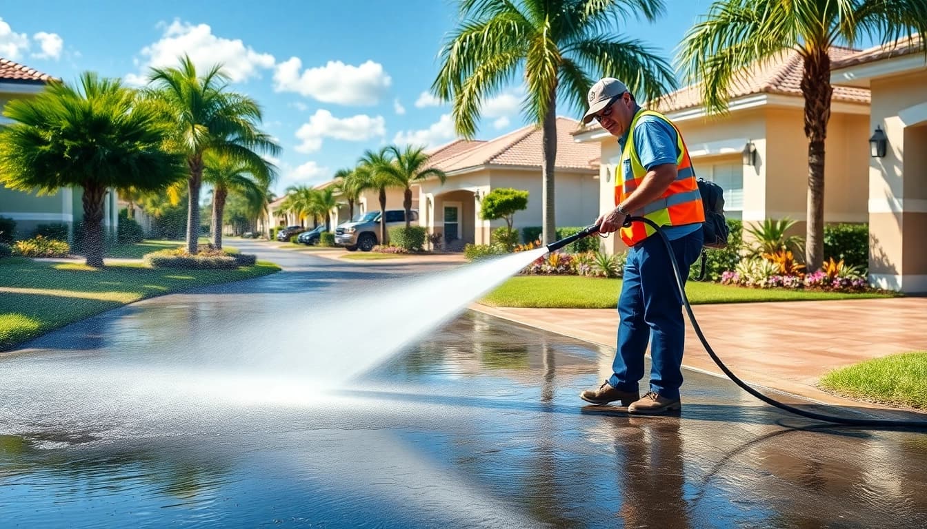 Pressure wash service revitalizing a driveway in Kissimmee, FL, showcasing professional cleaning.