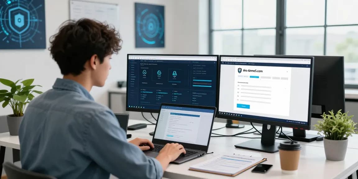 IT technician verifying security checks on shs-dome5.com in a modern office.