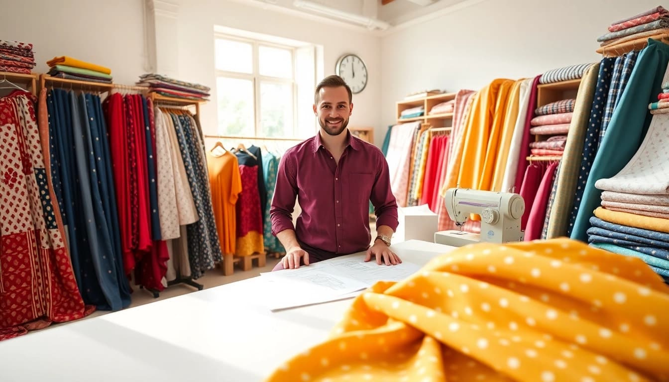 Fabrikant met poplin katoen stoffen, unieke patronen en heldere kleuren in een ontwerpstudio.