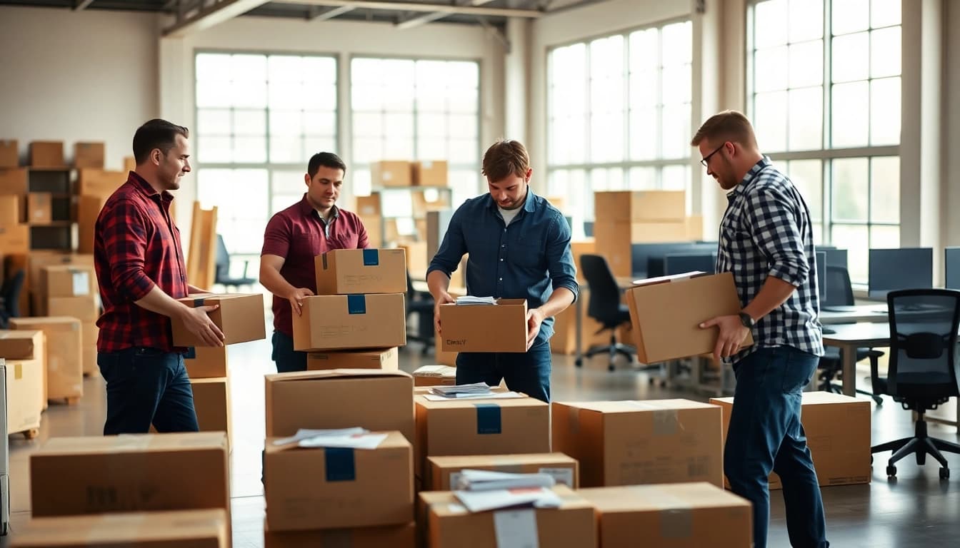 Florida commercial movers efficiently packing office equipment in a bright warehouse for relocation.