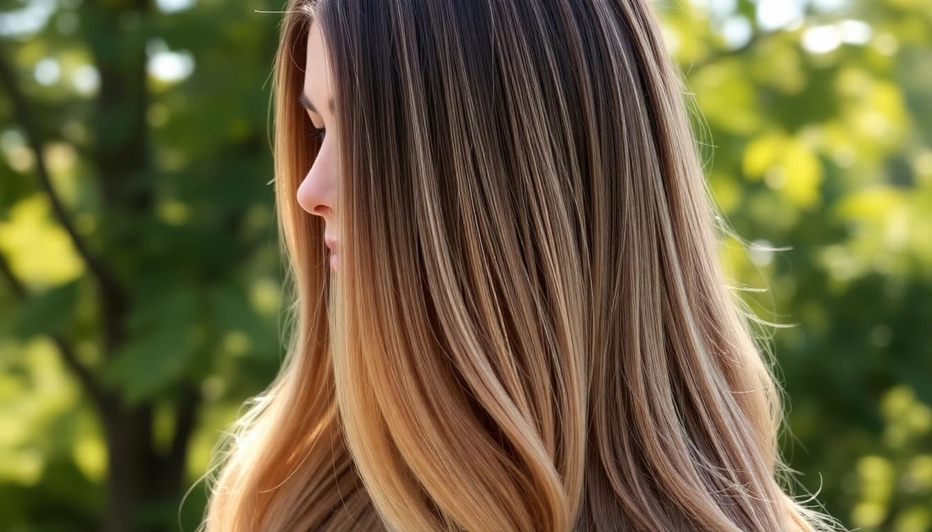 Model demonstrating invisi edge clip in hair extensions in a natural outdoor setting, showcasing seamless beauty.