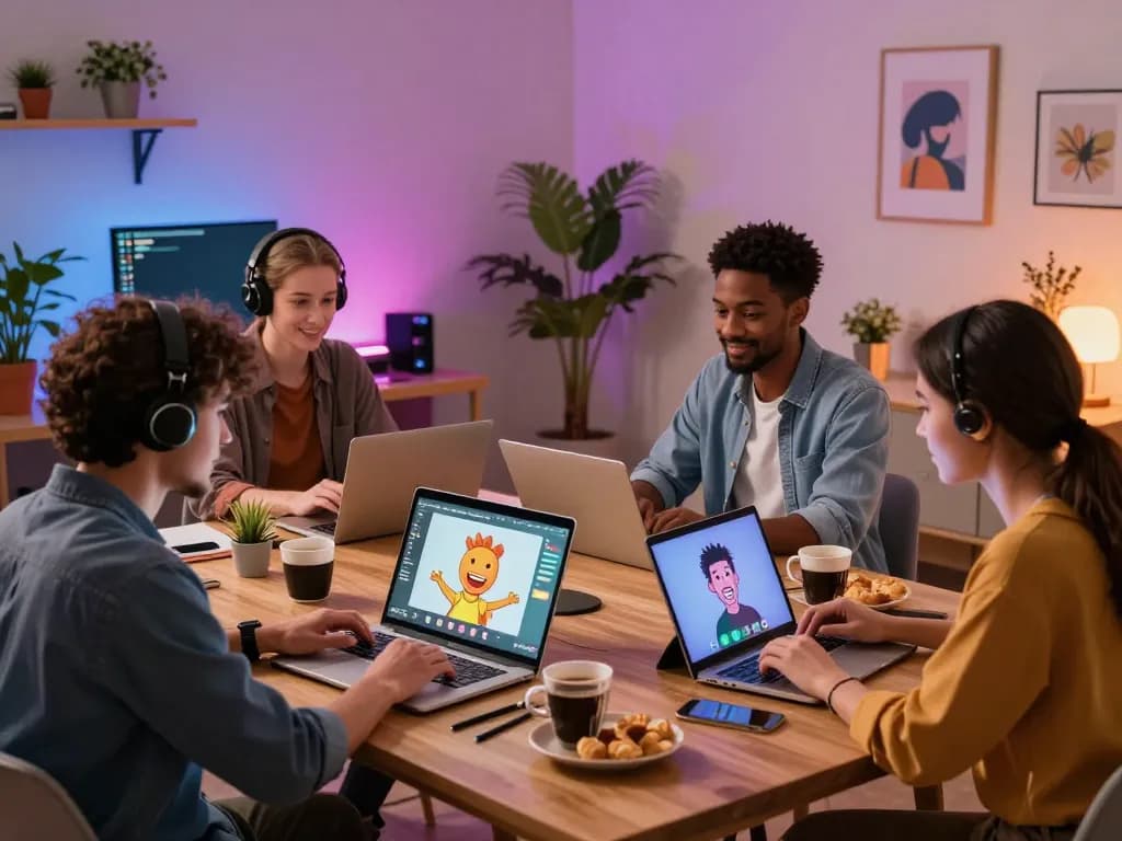 Engaging chatroom with users interacting with AI slut avatars in a cozy digital space