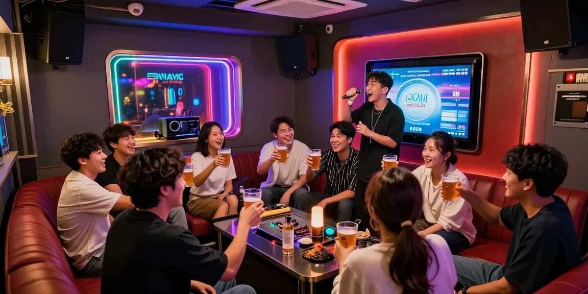 Exciting 제주도유흥 scene in a lively karaoke room filled with guests enjoying drinks and music.