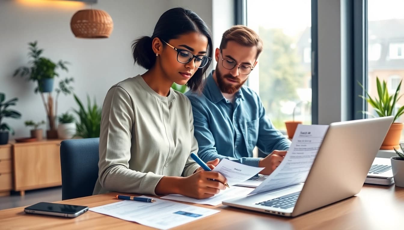 Couple completing the eta uk application form with focus in a bright office setting.
