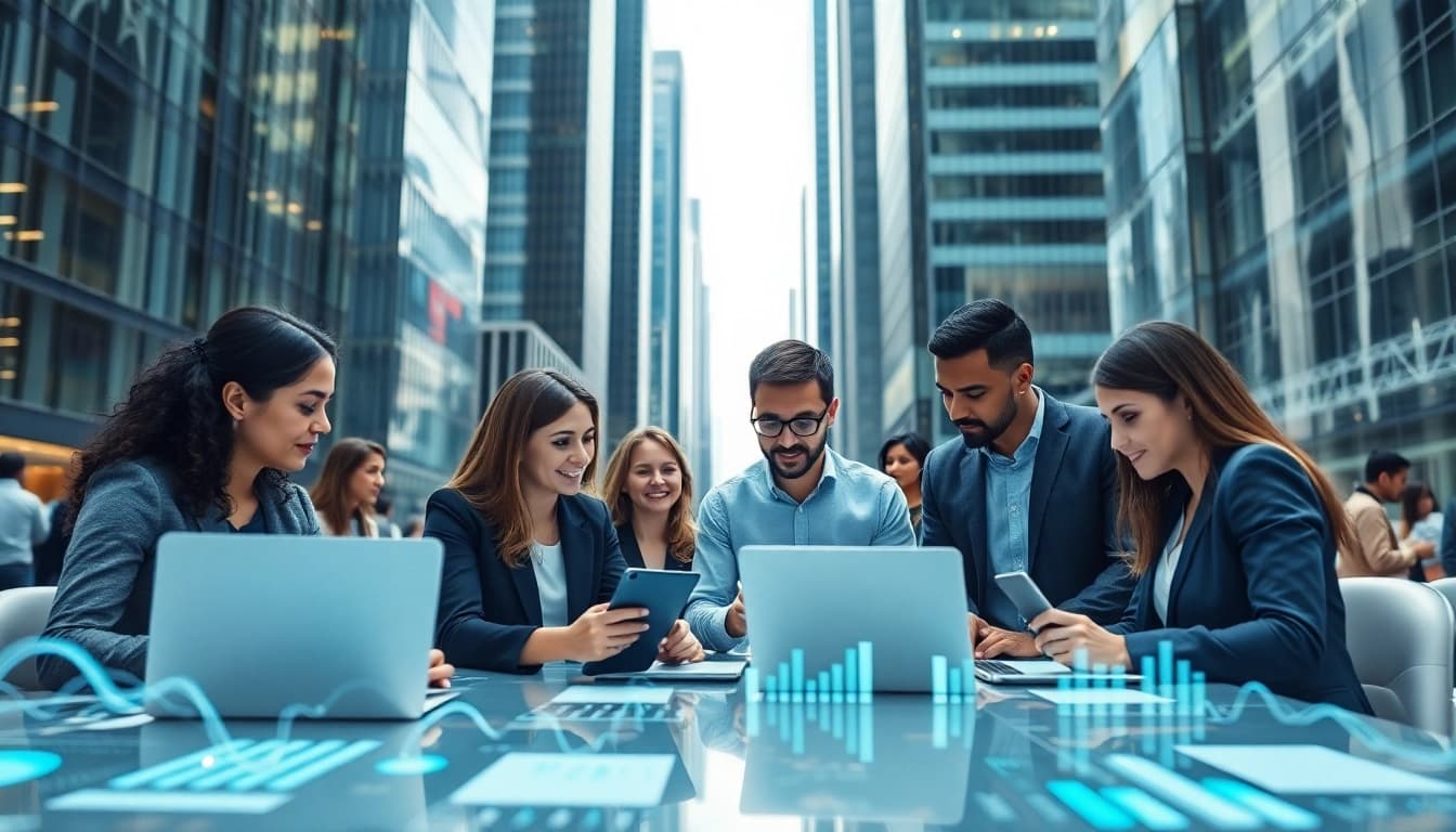 Collaboration of professionals in technology companies within a modern office.