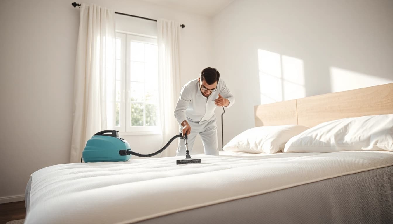 Technician conducting bed bug removal with steam cleaner in an inviting bedroom.