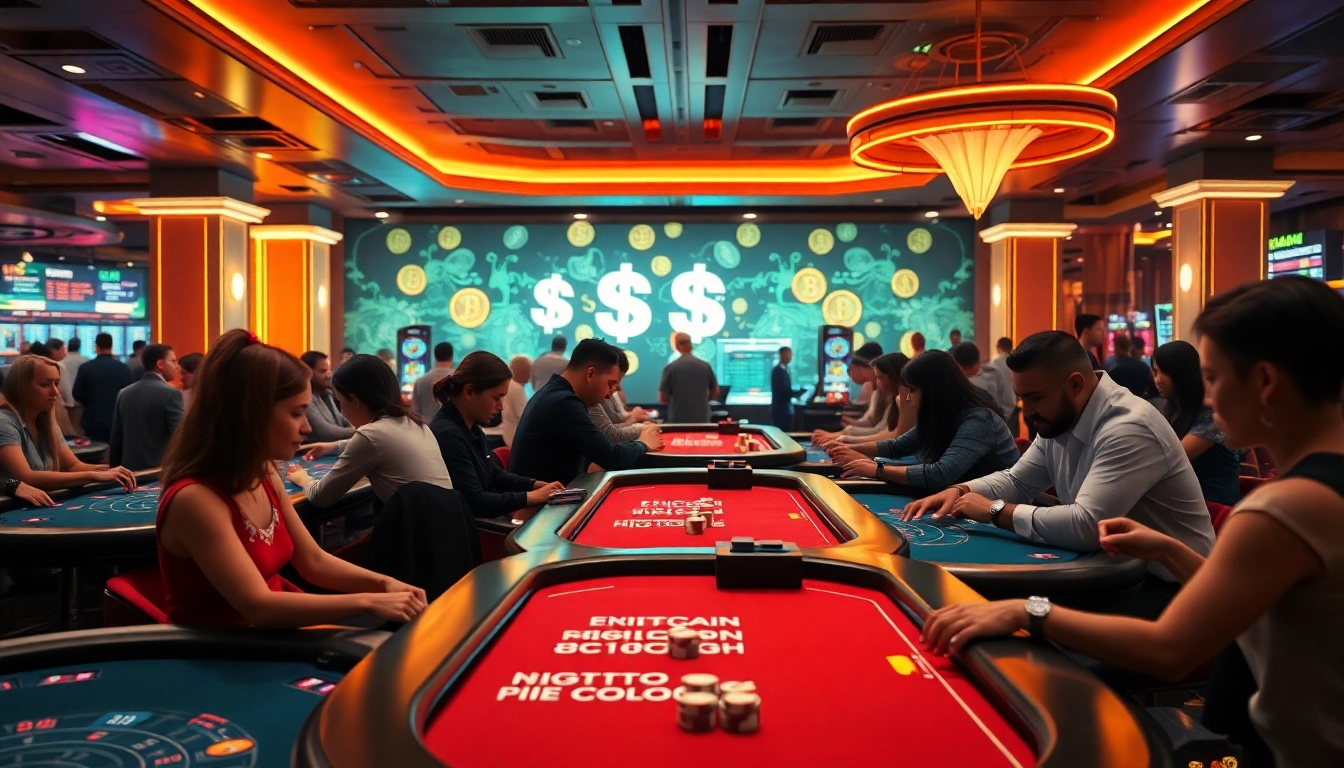 Players enjoying a lively crypto casino atmosphere with diverse games and vibrant lighting.