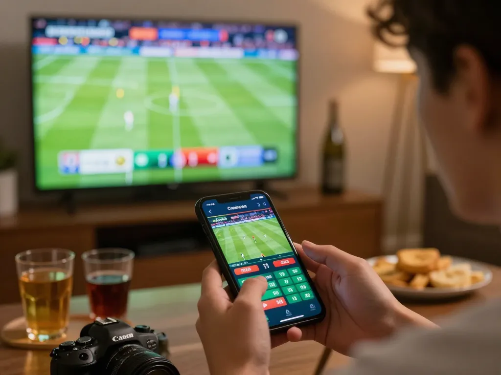 Person placing live sports bets on smartphone while watching football, showcasing the excitement of 888top gaming.