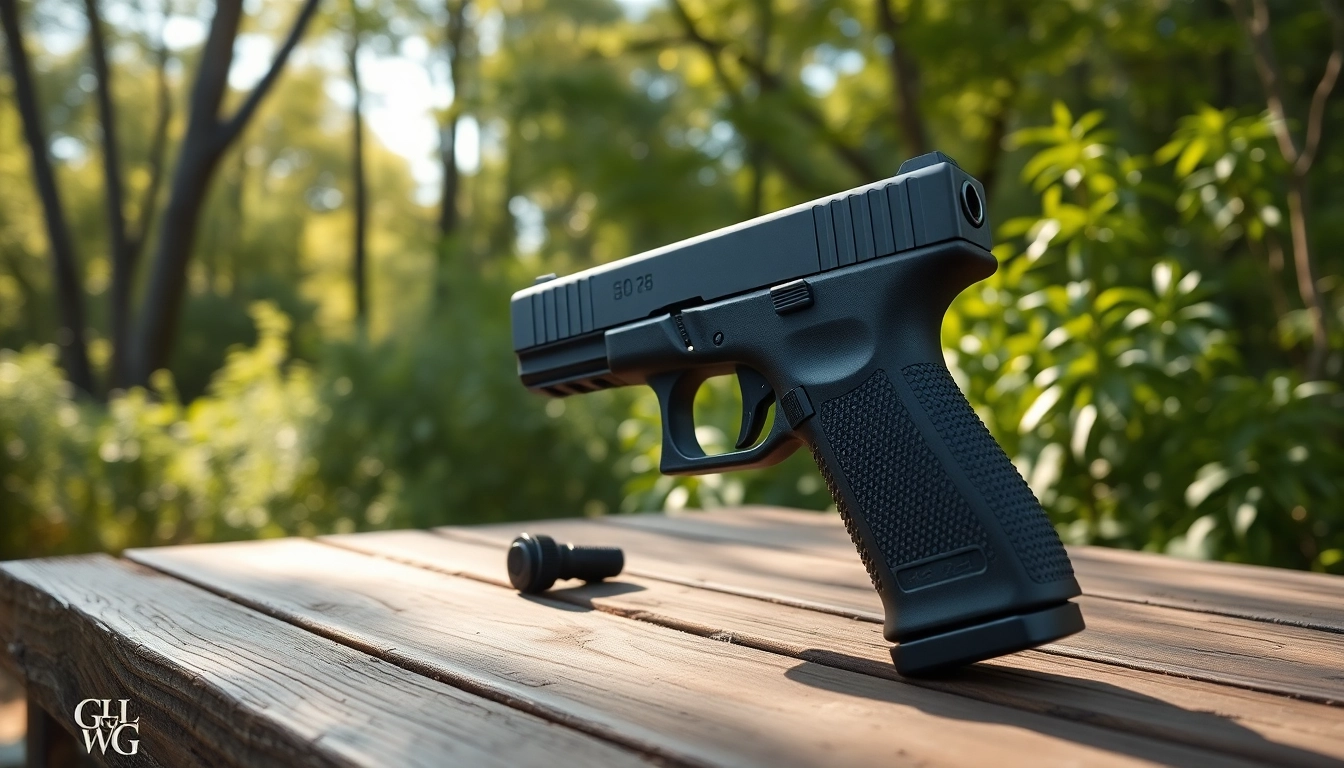Showcase the polymer 80 glock 26 on a wooden table with natural lighting in an outdoor setting.