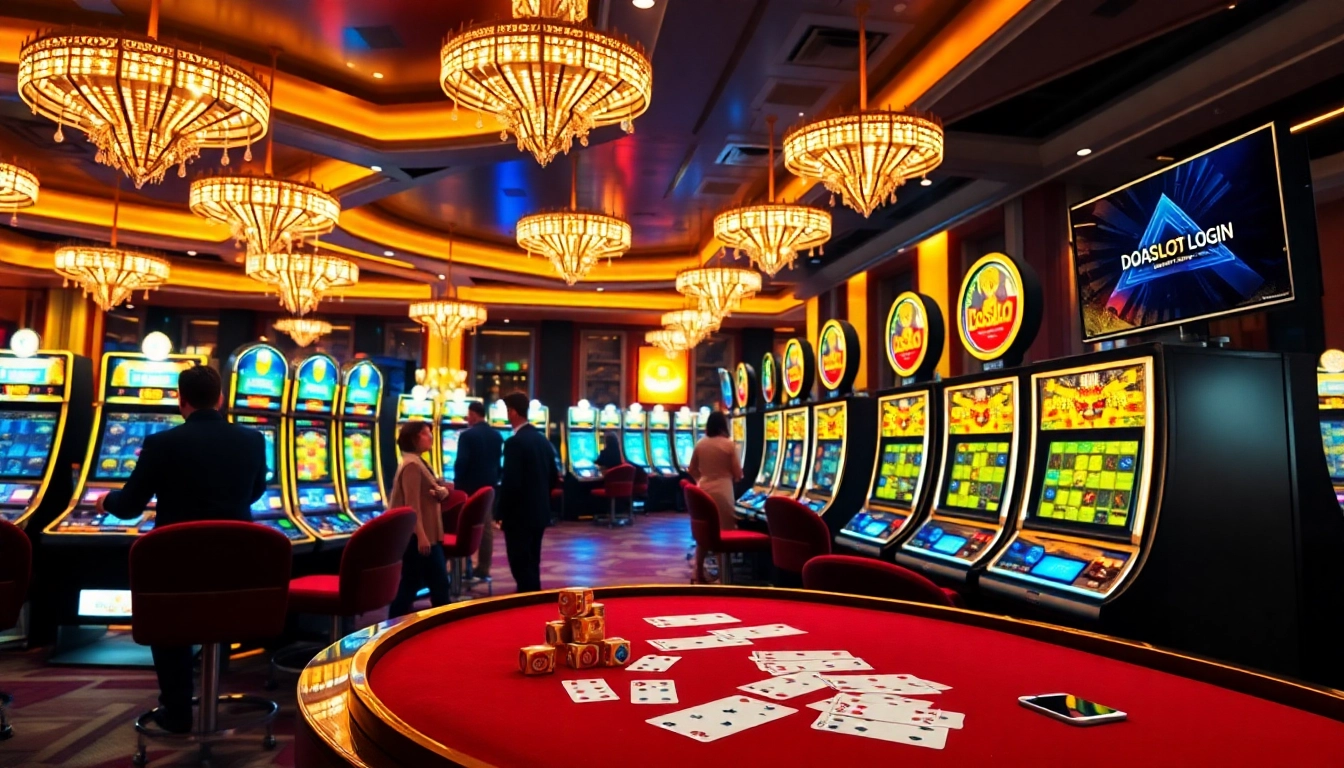 Experience thrilling gameplay and doaslot login at the vibrant slot machines in this luxurious casino scene.
