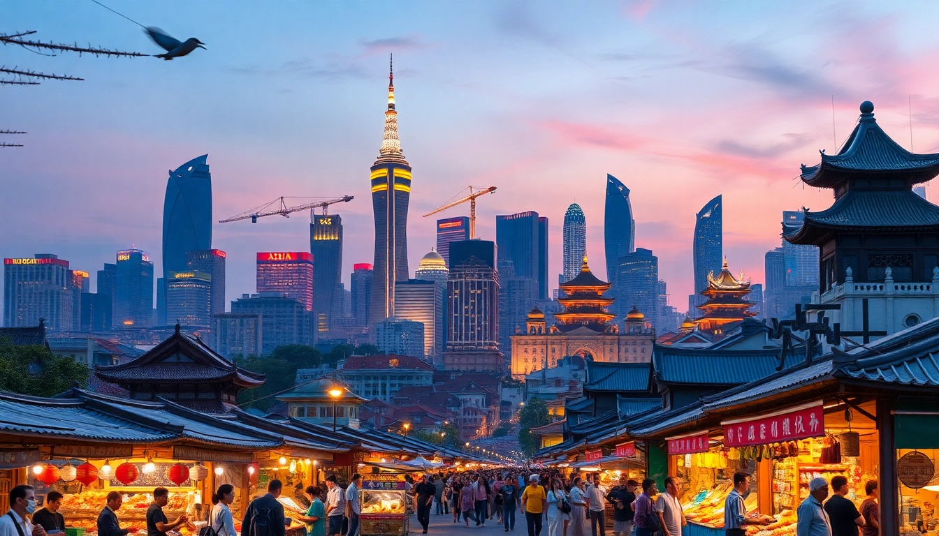 View of dynamic cities in Asia showcasing urban life and iconic landmarks.