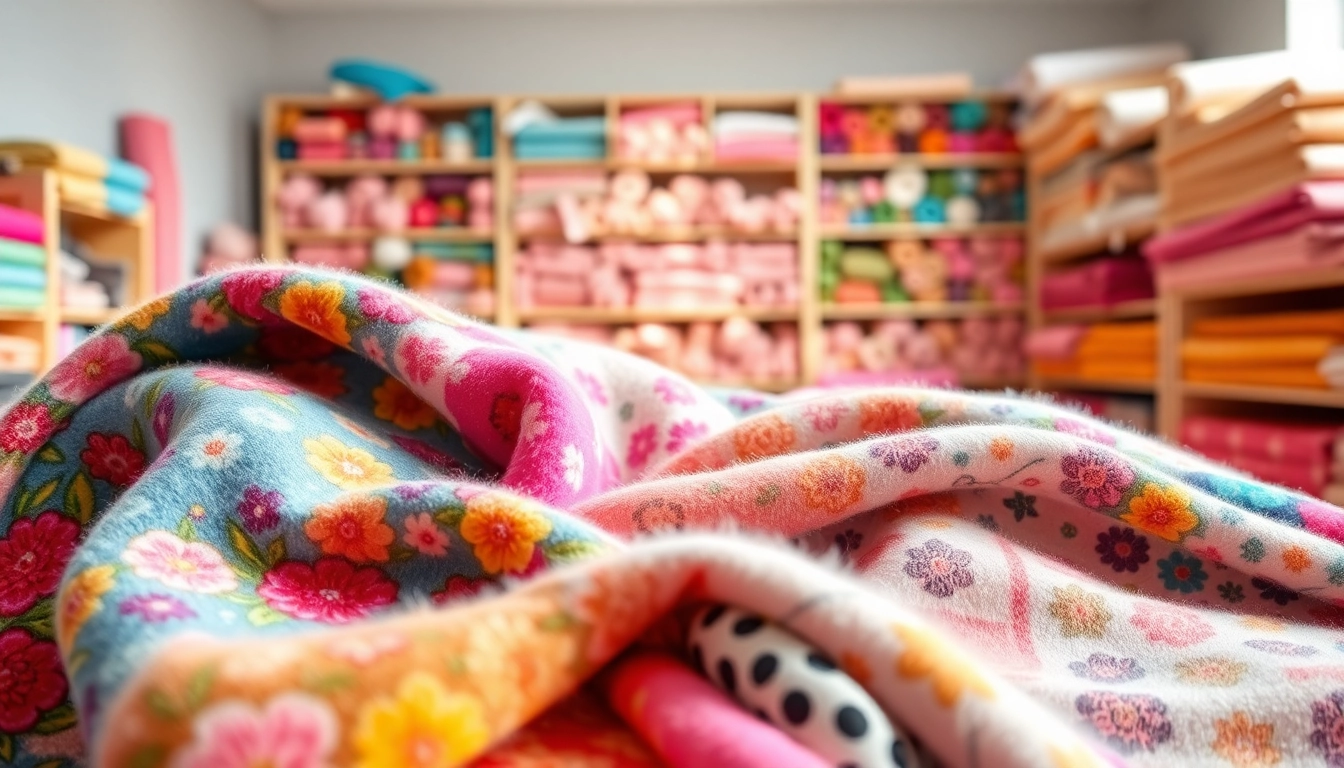 Fleece prints in diverse designs displayed vibrantly on soft fabric in a textile studio.