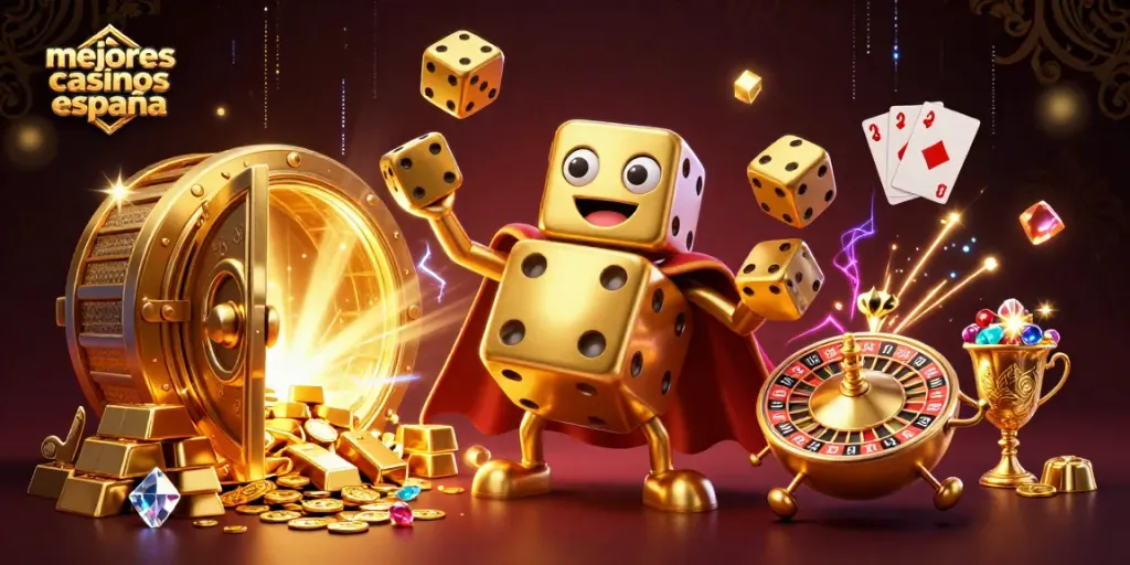 Juego emocionante en los mejores casinos España con dados dorados y riquezas brillantes.