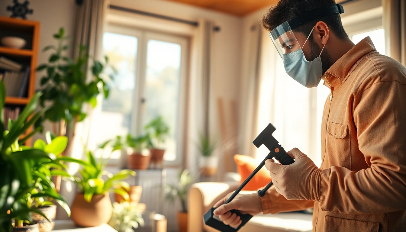 Applying local home insect treatment inside a living room by a professional technician.