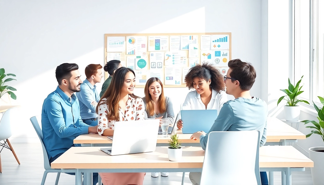 Collaborative workspace of a social media agency with team brainstorming strategies.