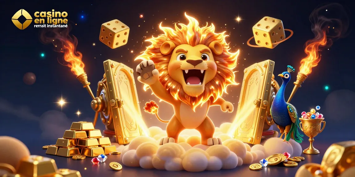 Découvrez la scène vibrante du casino en ligne retrait instantané avec un lion enflammé et des trésors étincelants.