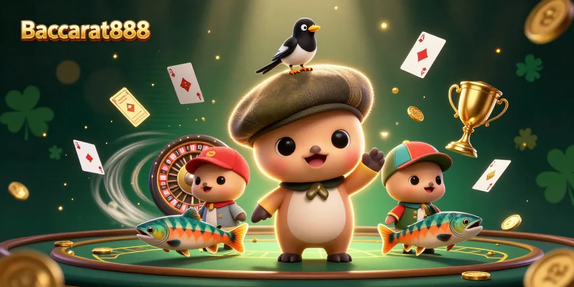 Experience Baccarat888 with playful Nessie and friends in a lively casino scene filled with action and excitement.