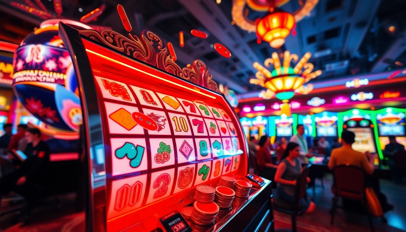 Permainan mahjong slot menarik dengan simbol berwarna-warni dan suasana kasino yang energik.