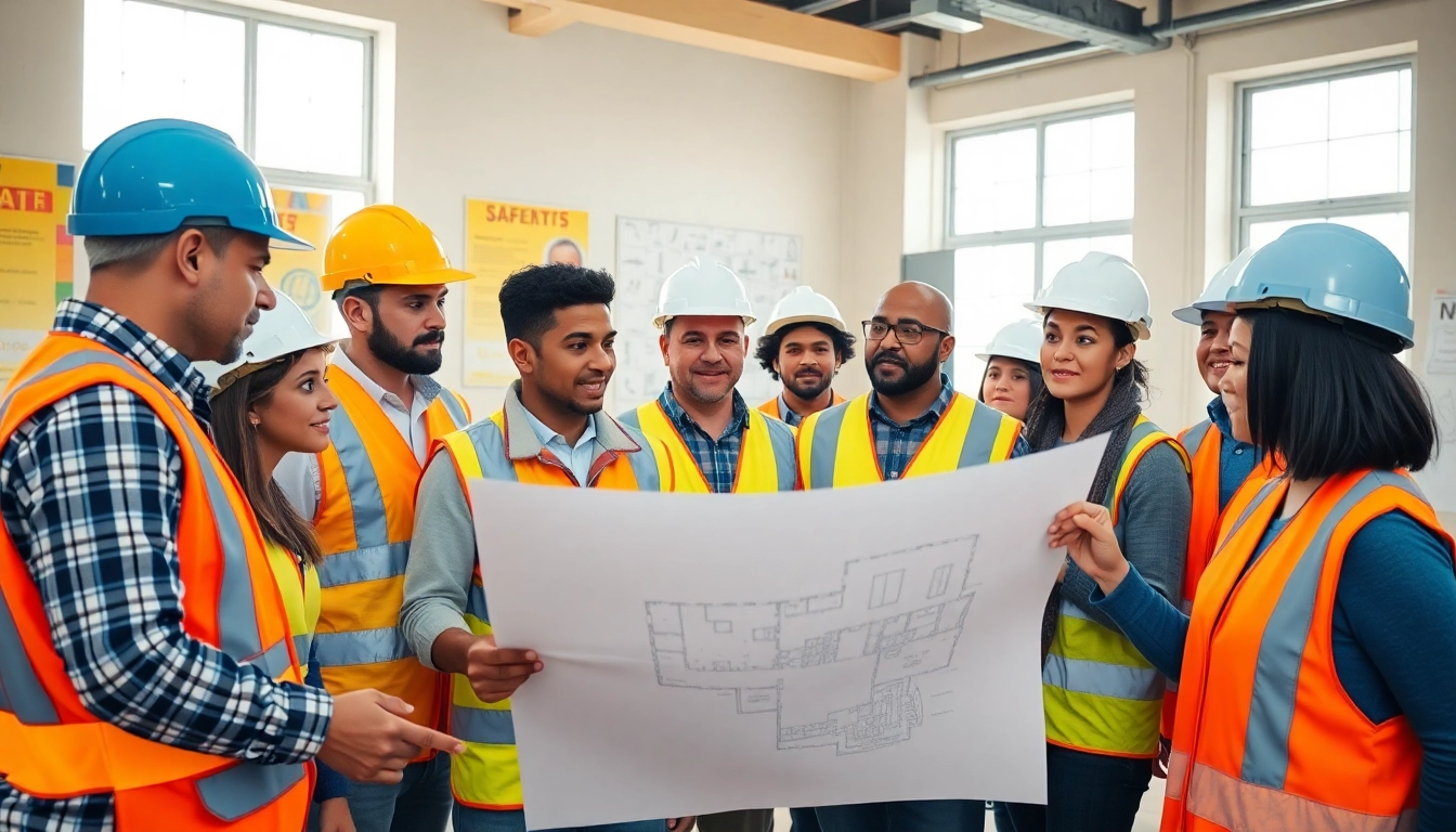 The image showcases a construction safety training session, highlighting participants actively engaging in safety practices.